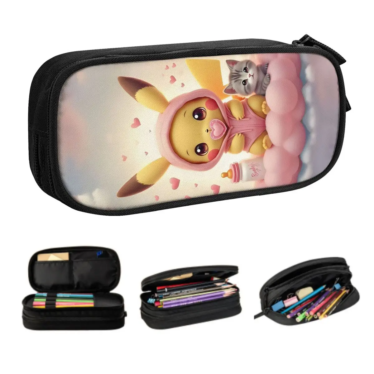 Lindo bebé Pikachu y su gatito estuche de lápices niñas niños gran capacidad divertido dibujos animados Kawaii Anime lápiz bolsa accesorios escolares