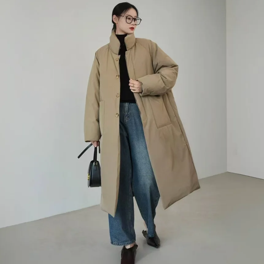 Jaqueta impermeável de meio longo feminina, Jaqueta de inverno quente, Parkas de peito único, bolso grande, gola preta, roupa larga, moda