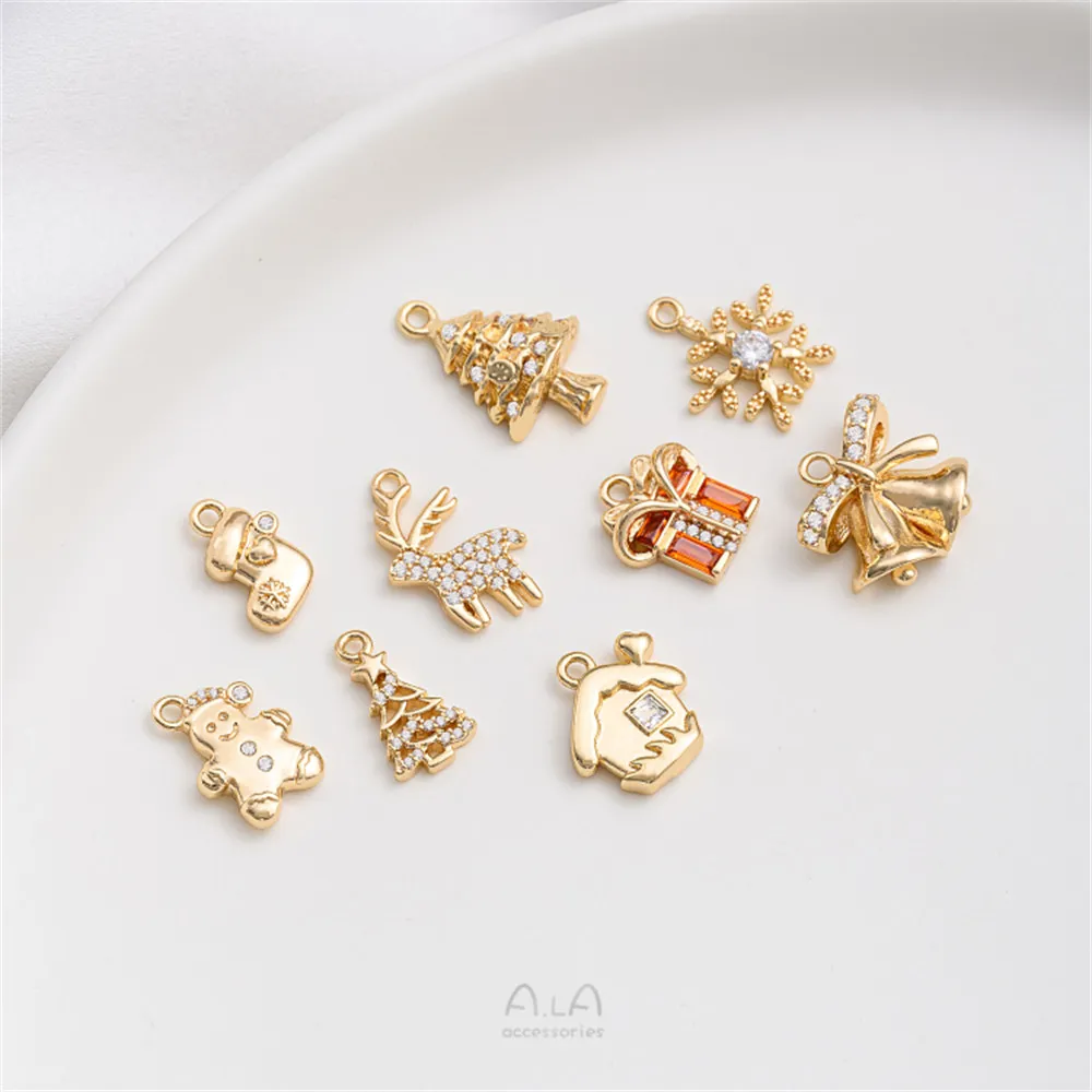 14K Gold Wrapped Snowflake Snowman Bell Gift Box Reindeer Christmas Tree Series Charm Pendant DIY Jewelry Pendant