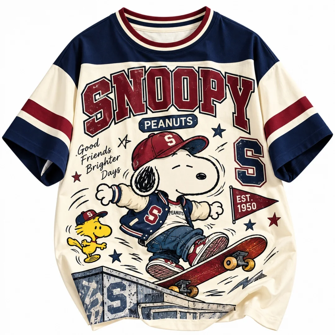 Snoopy Vintage Varsity T-shirt Retro Graphic Short Sleeve Tee Men Women Summer Streetwear Top Kid's Clothing Tee Y2k Woman