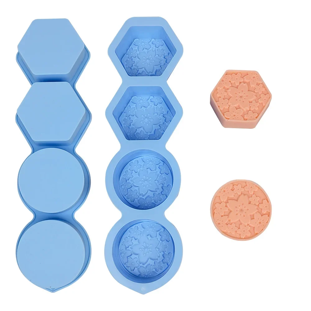 4 Holes Relief Flower Hand Soap Silicone Moulds Easy Demold Sakura Sphere Candle Gypsum Mold Round Hexagon Chocolate Making Tray
