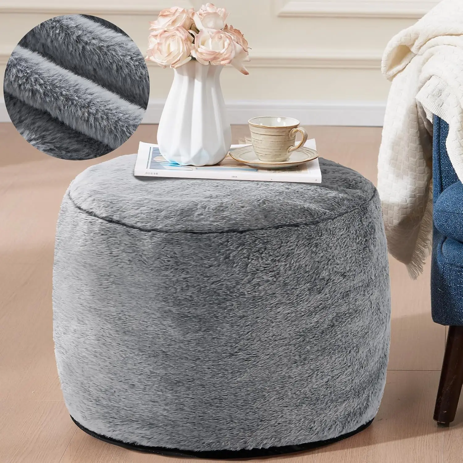 

Round Ottoman Foot Rest for Couch, 20x15 Inch Foam Filled Pouf, Dark Grey Soft Stool for Living Room