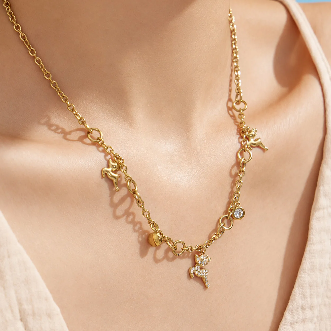 18K Gold Plated Deer Charm Necklace Bracelet Set, Micro Set Zircon Stainless Steel Fashion Jewelry for Women
