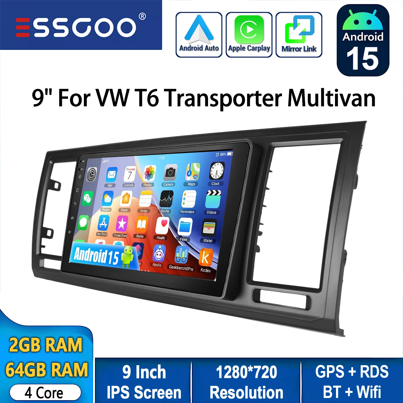 ESSGOO 9 inch 64GB Android 15 draadloze CarPlay autoradio voor VW T6 Transporter Multivan GPS navigatie WIFI BT RDS SWC Mirror Link