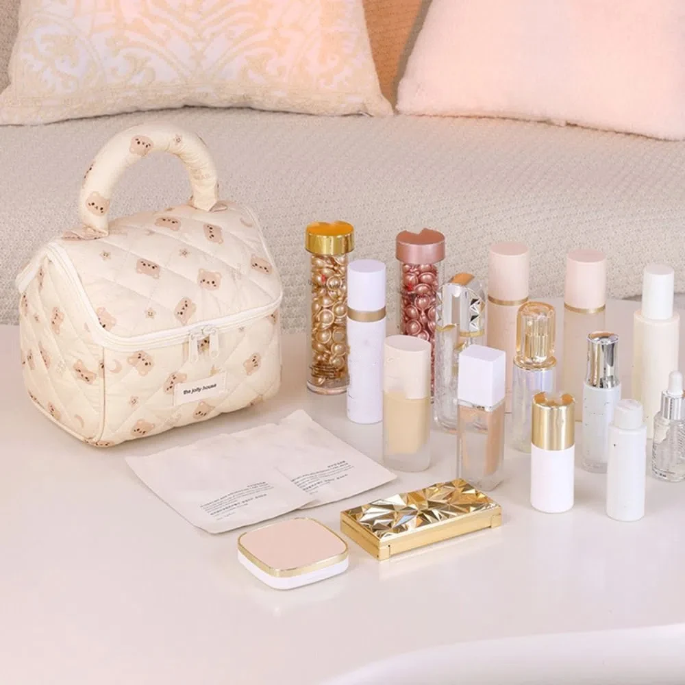 Bolsa de cosméticos de dibujos animados, bolsa de lavado de oso y conejo, bolsa de almacenamiento grande, estuche para brochas de maquillaje de cereza y mariposa, lavado de cara
