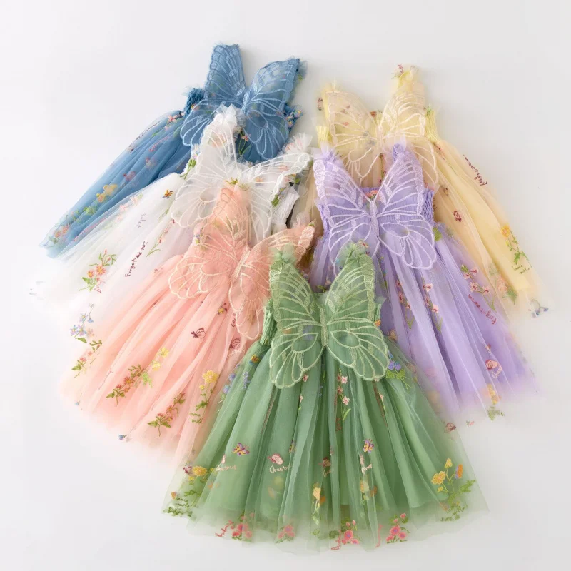Prinzessinnen-Tutu-Kleider für Mädchen, Babykleidung, Kinder-Mesh-Trägerkleid mit Puffärmeln und dreidimensionalen Flügeln, Feenkleid