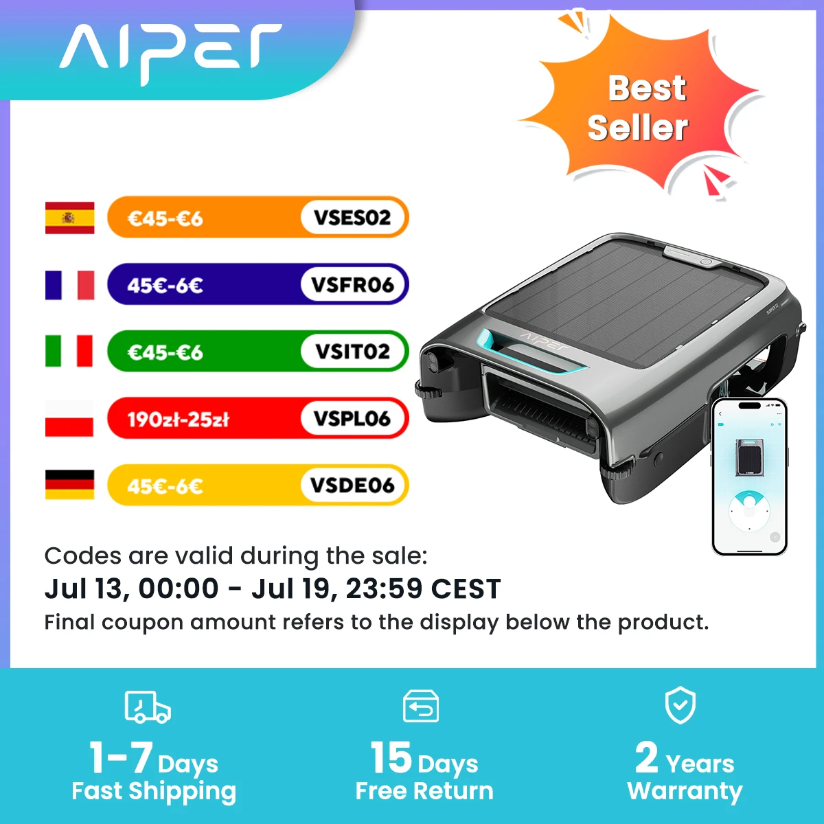 Robot nettoyeur de piscine solaire EcoSurfer S2, nettoyage de surface 24h/24 et 7j/7, filtre 150 µm, robot de piscine à batterie avec contrôle par application, mises à jour OTA, détection intelligente des obstacles, Aiper Open Box