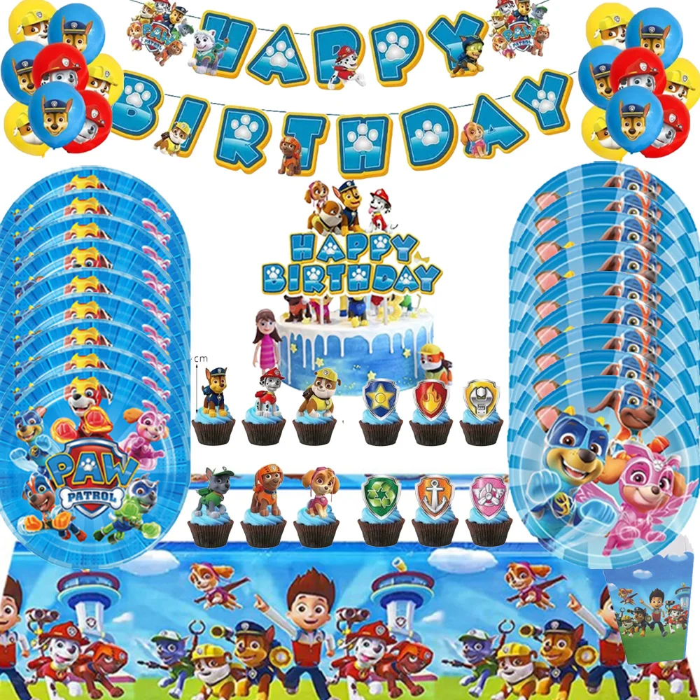 Blaue PAW Patrol Geburtstagsparty-Dekoration Tischdecke Teller Tortendekoration Digitaler Ballon Banner Requisiten Babyparty Hintergrund Geschenk