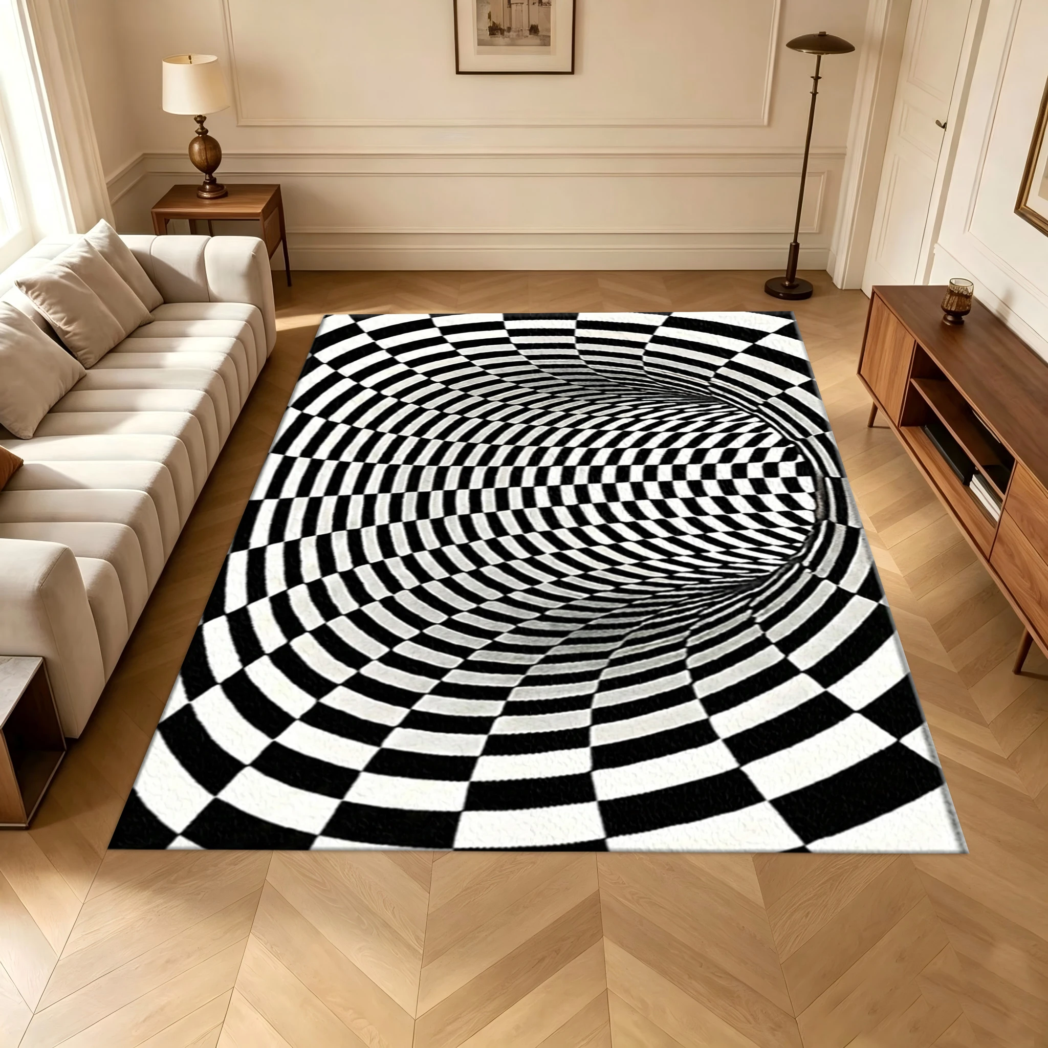 Creative 3D Visual Illusion Checkered Area Rug Black White Optical Art Decor Carpet for Living Room Bedroom Home Floor Decor