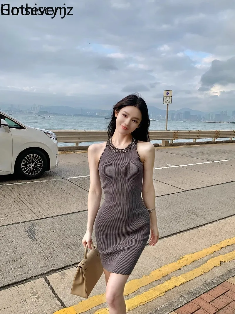 

Hmsevenjz Hot Girl Beading Knitted Dress for Women's Summer O-neck Sleeveless Slim Fit Dress Fashion Female Clothes