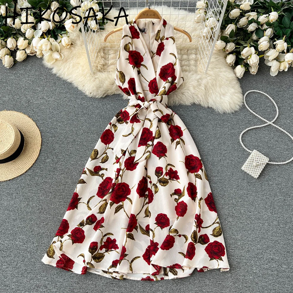 

Retro Print Dress Women 2025 New Elegant V-neck Sleeveless Lace Up Slim Waist Robe For Party Summer Chic Elegant Sweet Vestidos