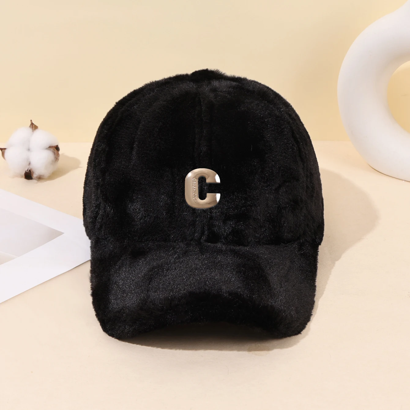 قبعة لسان البط القطيفة الدافئة للخريف والشتاء للنساء مع قبعة بيسبول بتصميم شعار C سميكة ودافئة #3