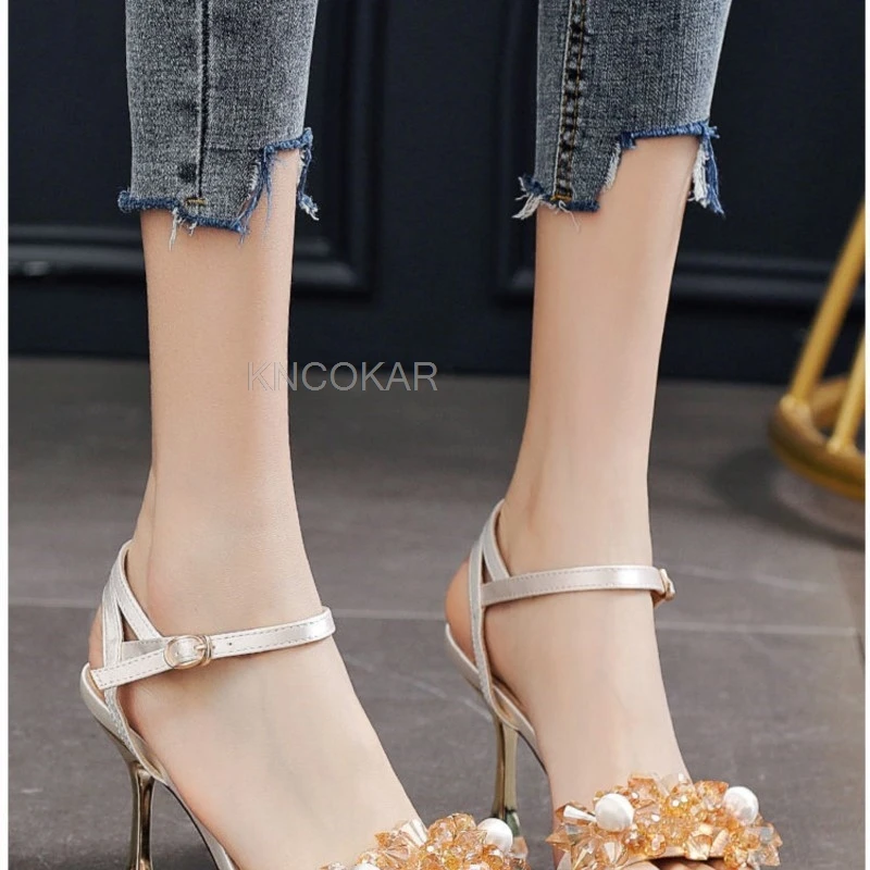 Summer 2025 new water diamond one-strap high heels with thin heels, fashionable and sexy open-toe women\'s sandals