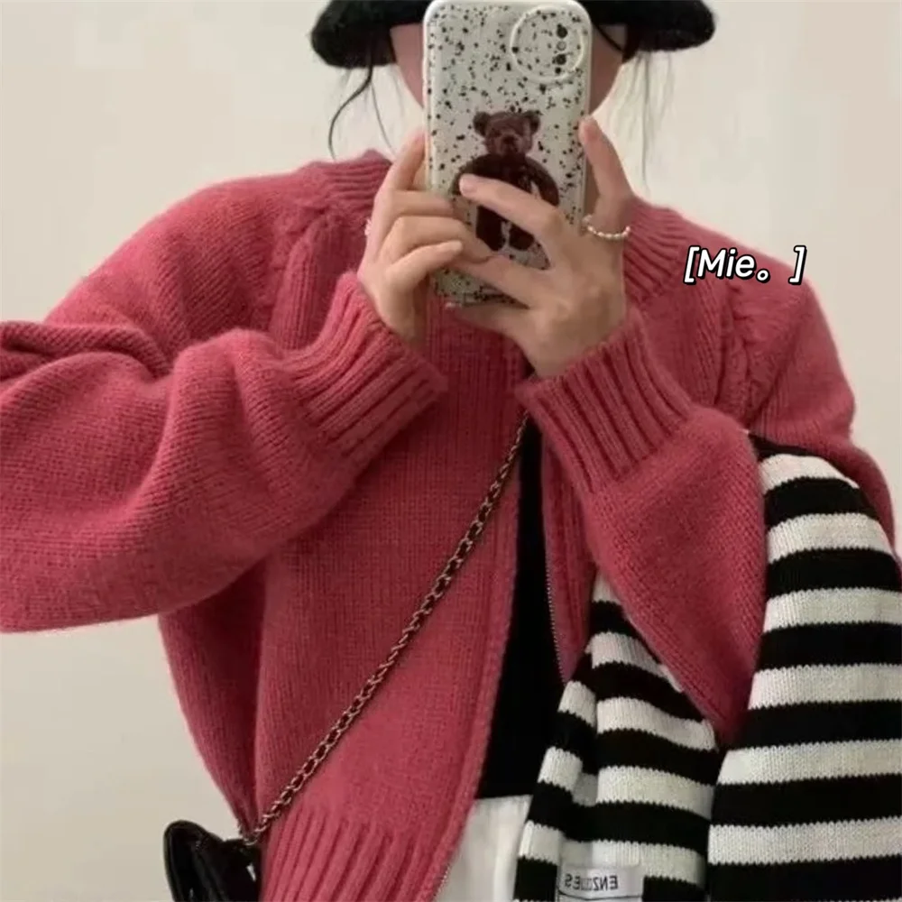 

Retro Angora Fce Brued Knitted Sweater Cardigan Soft Fluffy 3D Design Vintage Candy Color Commute Sle Long Sve V-Ne
