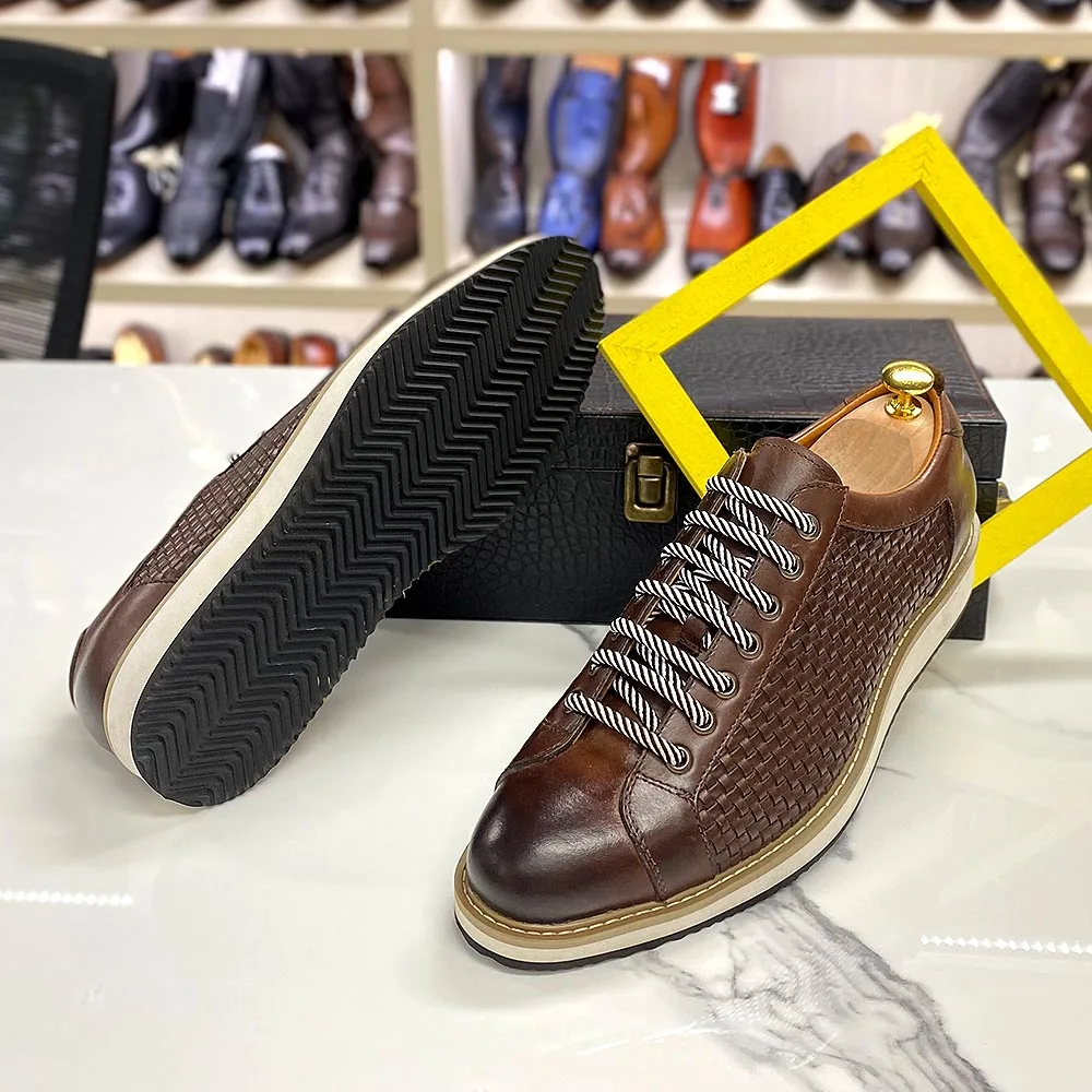 Genuine Cow Leather Men's Casual Business Shoes 7-Eyelet Lace Up European Luxury Flat Driving Shoe Outdoor Sneakers for Men