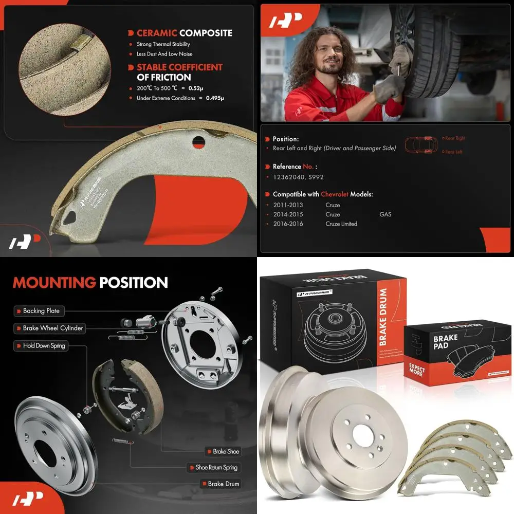 A-Premium 11.72 inch (297.8mm) Rear Brake Drums + Ceramic Shoes Set Compatible with Select Chevrolet Models - Cruze 2011-2015, C