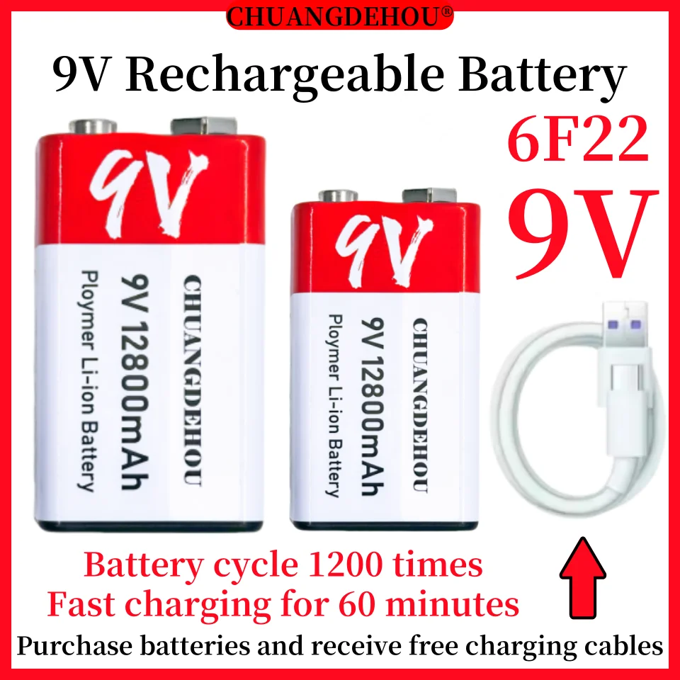 

9V Rechargeable Battery 12800Mah High Capacity Type-C Fast Charging Safe and High Value Use Multimeter/Remote Control Toy/Drone/Camera/Microphone, Measuring Instrument, Universal Safety and Durable Best-Selling Model ﻿