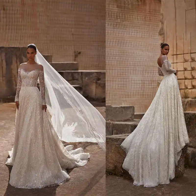 

Gorgeous A Line Women Wedding Dress Sheer Neck Long Sleeves Bridal Gowns Beaded Sequins Sweep Train Dress Custom Made vestidos
