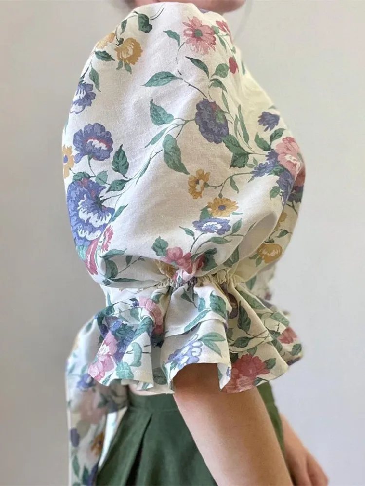 Retro French Style Flower Print Square Collar Shirt Open Buttons Tie Bow Back Backless Puff Sleeve Cropped Blouse Tank Tops