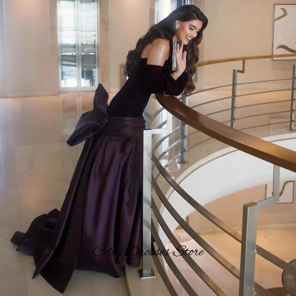 Fioletowa sukienka wieczorowa z weluru i satyny, elegancka, z trenem, sukienka na powrót do szkoły, formalna, syreni krój, kontrastowe kolory, suknia na specjalną okazję.