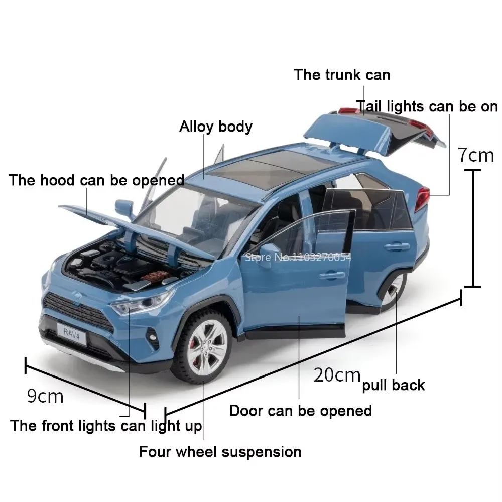 1:24 Camry RAV4 Modello di auto Pressofuso in lega Giocattolo Suono Luce Tirare indietro 4 porte aperte Modelli in miniatura Veicolo Ornamento per i regali dei bambini