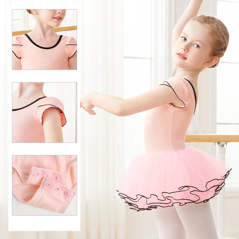 Girls Pink Ballet Leotard with Tutu Short Sleeve Dance Bodysuit for Toddler Girls Cotton Ballerina Wear