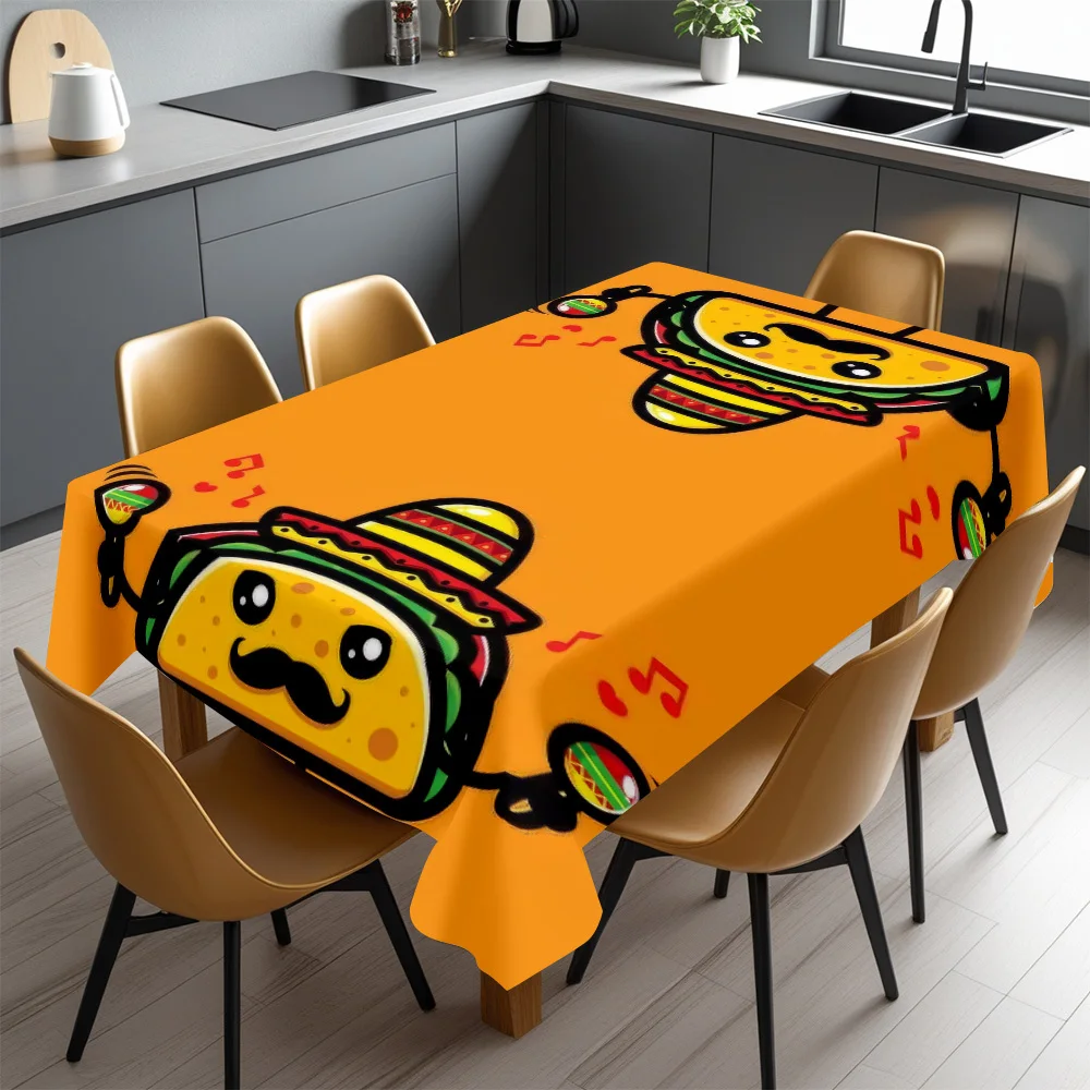 Cartoon Taco Tablecloth, Orange Base Mexican Taco Art Print, Anti-stain Table Cover for Dining Table & Family Party Decor