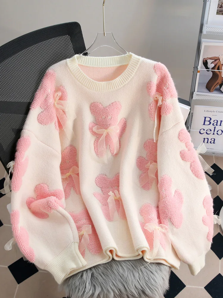 Women Pink Bear Knitted Pullover Sweater Elegant Harajuku Aesthetic Y2k long Sleeves O-Neck Sweater Jumper Vintage 2000s Clothes