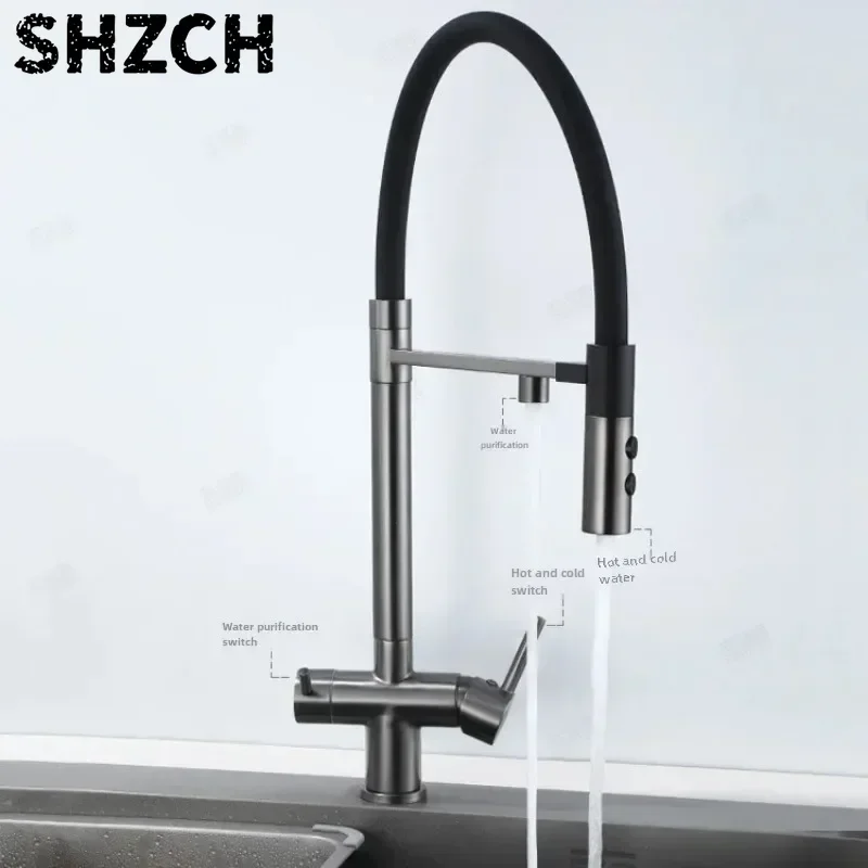 Gray Kitchen Faucet with Flexible Pull-Down Sprayer 3-Way Purification Mixer Brass Swivel Tap for Pure Water