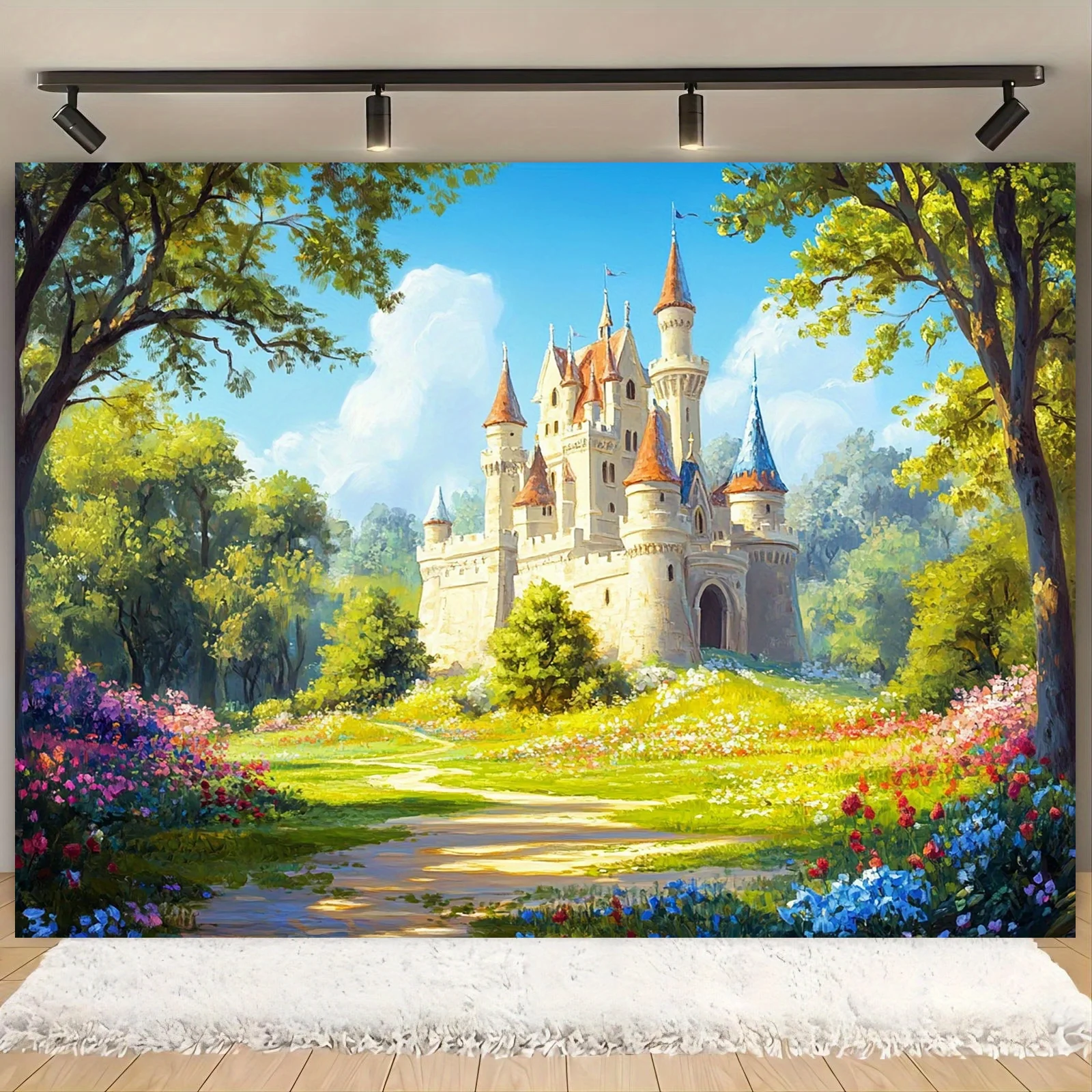 1 Stück Frühlingsmärchenschloss-Hintergrund-Polyester-Banner, ein wunderschönes Schloss im Frühlingsgarten. Hintergrunddekoration für Partys