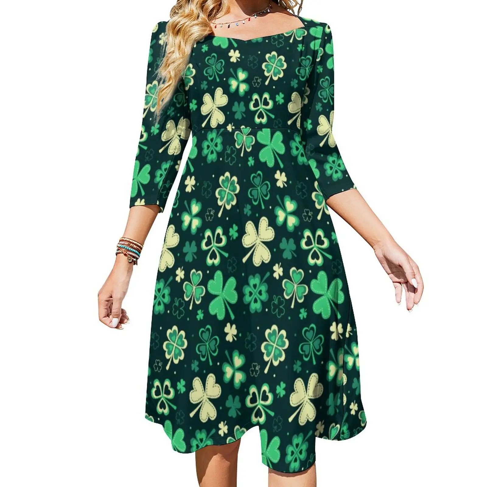 Lucky Shamrock Casual Dress Happy St Patrick Kawaii Dresses Summer Sexy Square Collar Streetwear Print Dress Large Size