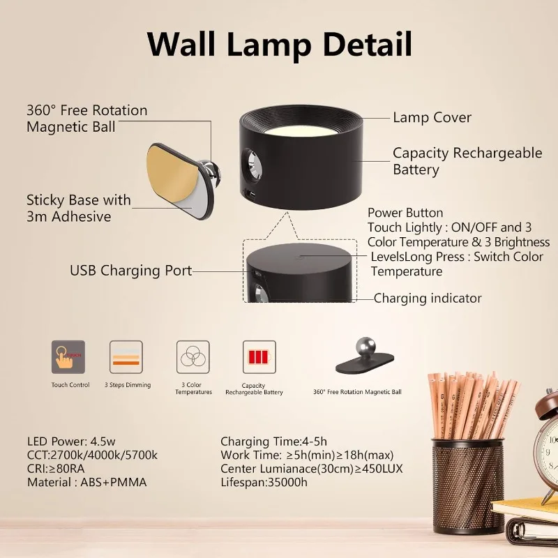 LED Wall Sconce, Wall Mounted Lamp with Rechargeable Battery Operated USB Port 3 Color Temperature