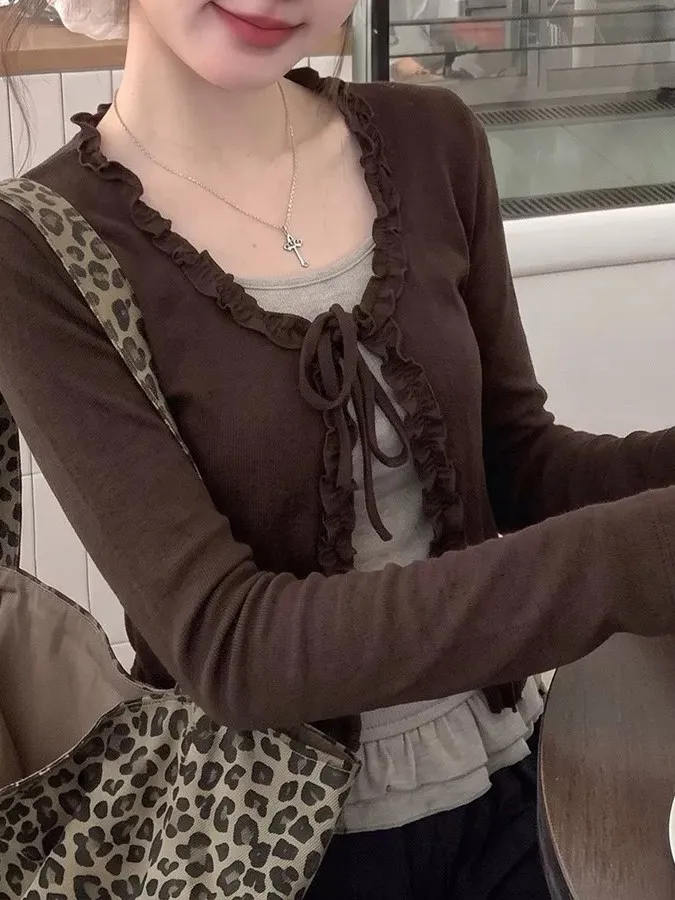 Long Sleeve T-Shirt Women's Spring Autumn Design Sense Splice Belt Wood Grain  Atmosphere Feeling Top Ins Korean Style Sl...