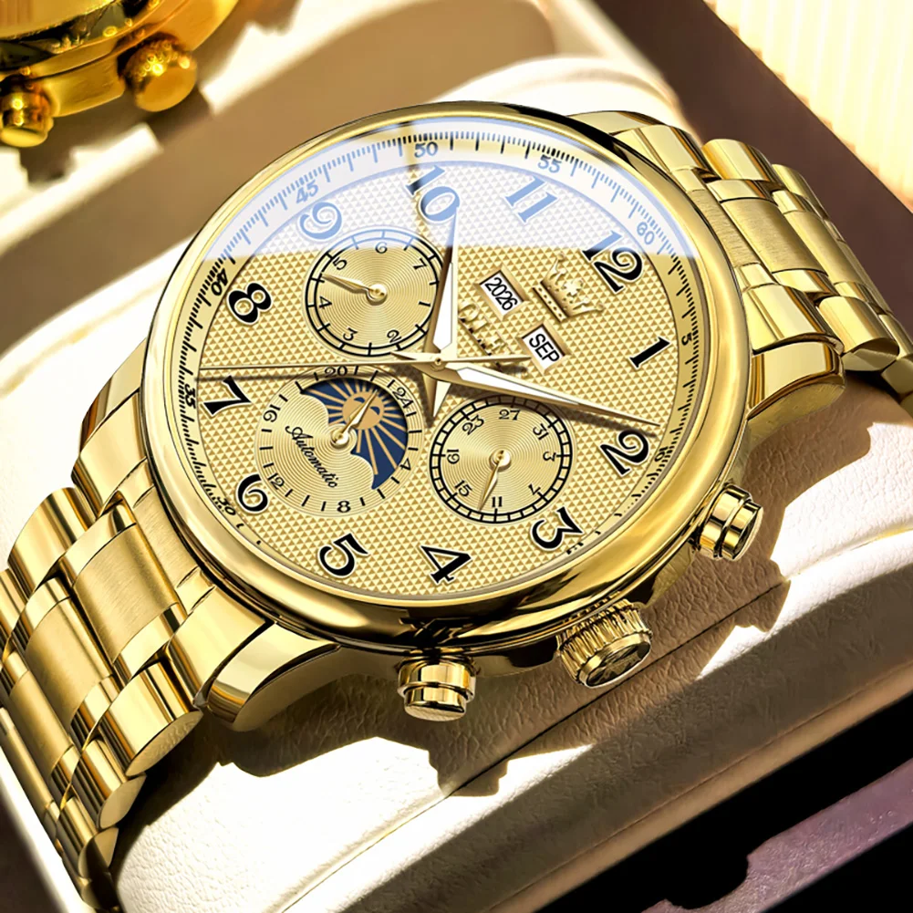 OLEVS Full Gold Automatic Mechanical Watch Men Moon Phase Multi Calendar Stainless Steel Bracelet Luxury Business Wrist Watch