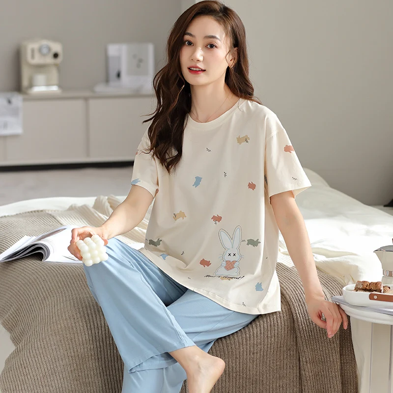 Summer Women's Sleep Lounge Pajama Short Sleeved Woman Pajama Set Cactus Print Pyjamas Cotton Sleepwear ML XL XXL 3XL4XL Fashion