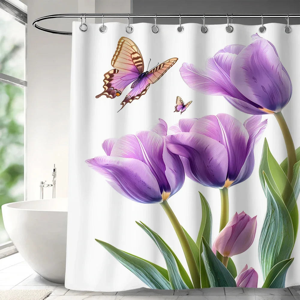 Floral Shower Curtain Watercolor Tulip Print with Hooks, Waterproof Shower Curtain,  Curtains for Bathroom