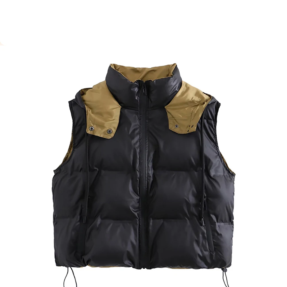 

Женский черный, коричневый контрастный пуховик, осенне-зимний повседневный свободный жилет с капюшоном и завязками, теплая хлопковая куртка без рукавов