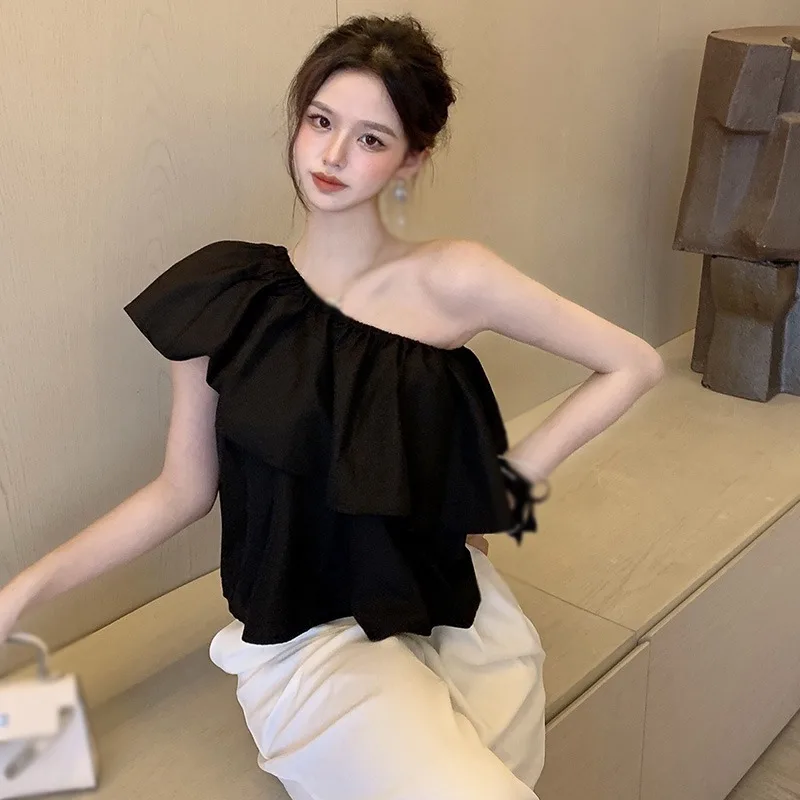 One Shoulder Blouse Women Sleeveless Top Solid Color Loose Fit Pullover Blouse Ruffled Layered T-Shirt Sweet And Spicy Summer