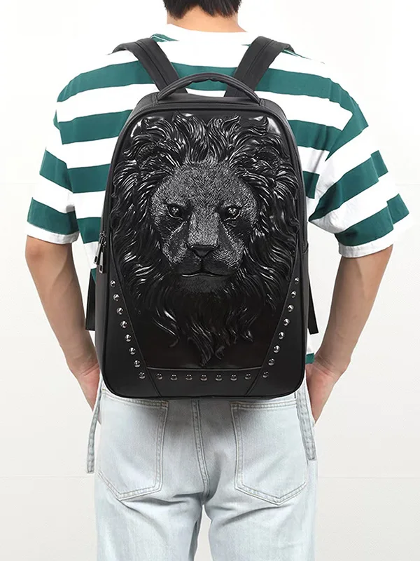 street-style-3d-lion-head-rivet-backpack-unisex-casual-travel-bag-soft-polyester-material-heavy-duty-zipper-youth-travel-bag