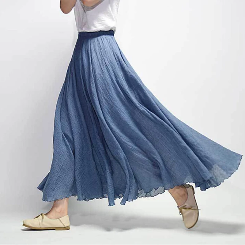 

Women Linen Cotton Long Skirts Elastic Waist Pleated Maxi Skirts Beach Boho Vintage Summer Skirts Faldas Saia