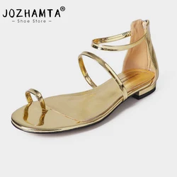 JOZHAMTA Size 34-40 Women Flats Sandals Real Leather Straps Chunky Low Heels Summer Shoes Flip Flops Casual Daily Beach Dress