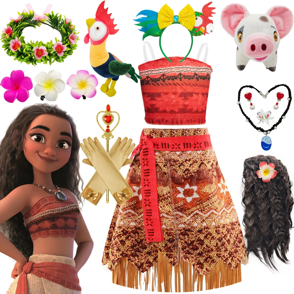 Moana Dress Kids Cosplay Girls Clothes Princess Vaiana Dress Children Birthday Party Costume With Necklace Pet Pig Chick Sets