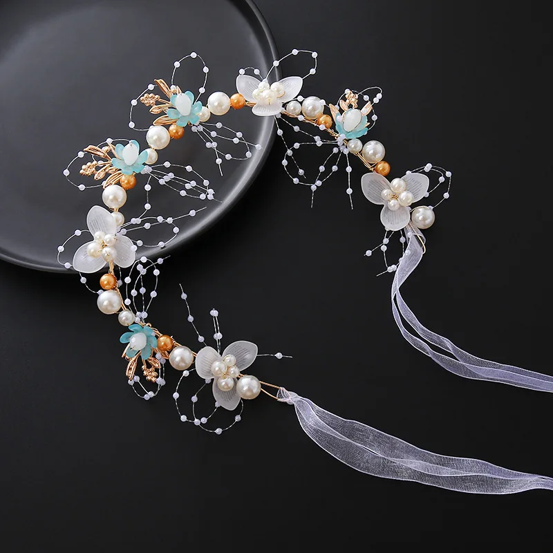 Bride Headband Pearl Flower Headband Children's Flower Wreath Super Fairy Princess Hair Accessory Headband Headband Ribbon