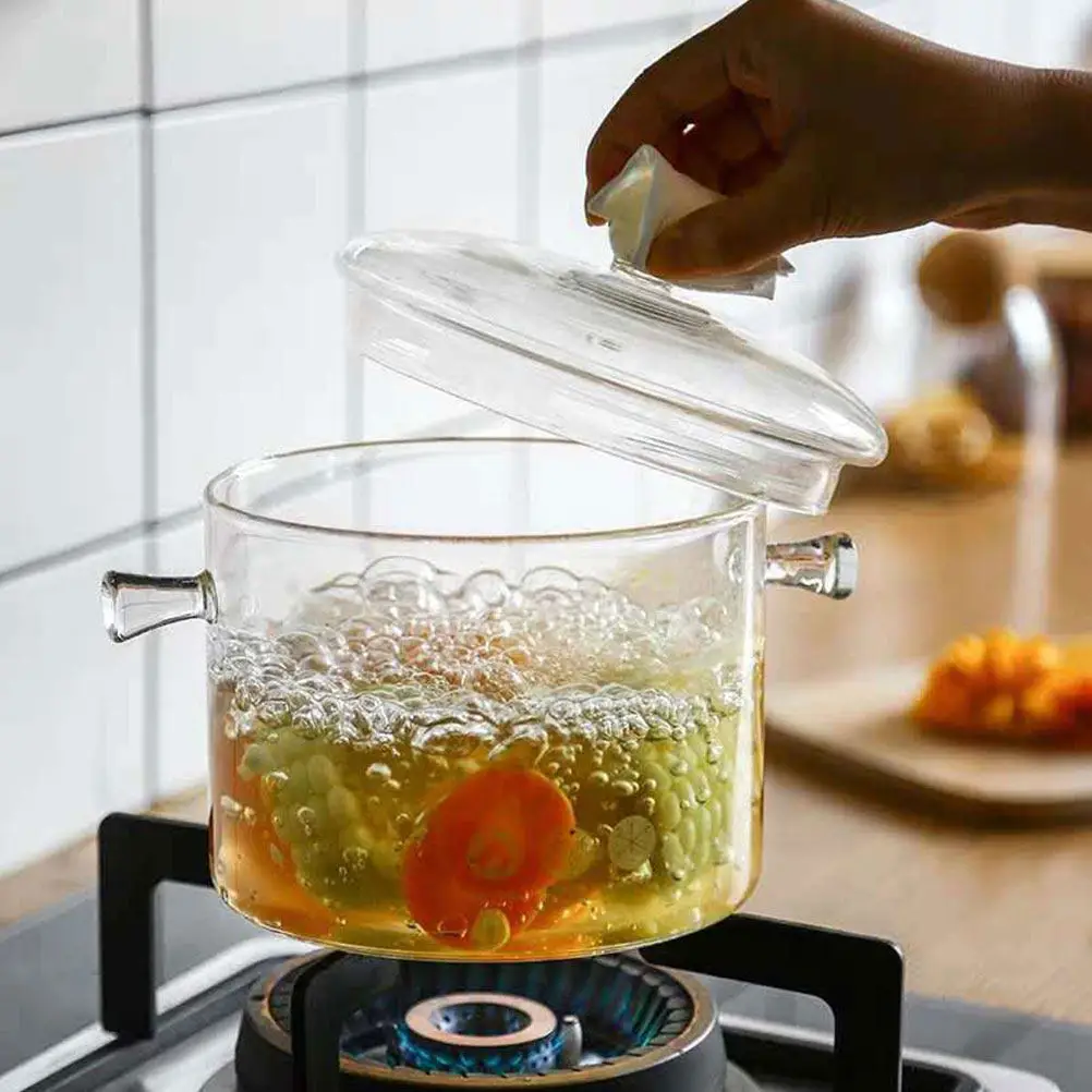 Transparent Heat-Resistant Borosilicate Glass Cooking Pot with Ergonomic Dual Handles for Instant Noodles Soup Sauces Food