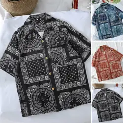 Camisa praia havaiana de manga curta masculina, camisas paisley, roupas hip-hop, Harajuku, estilo jovem, tops de lapela, verão