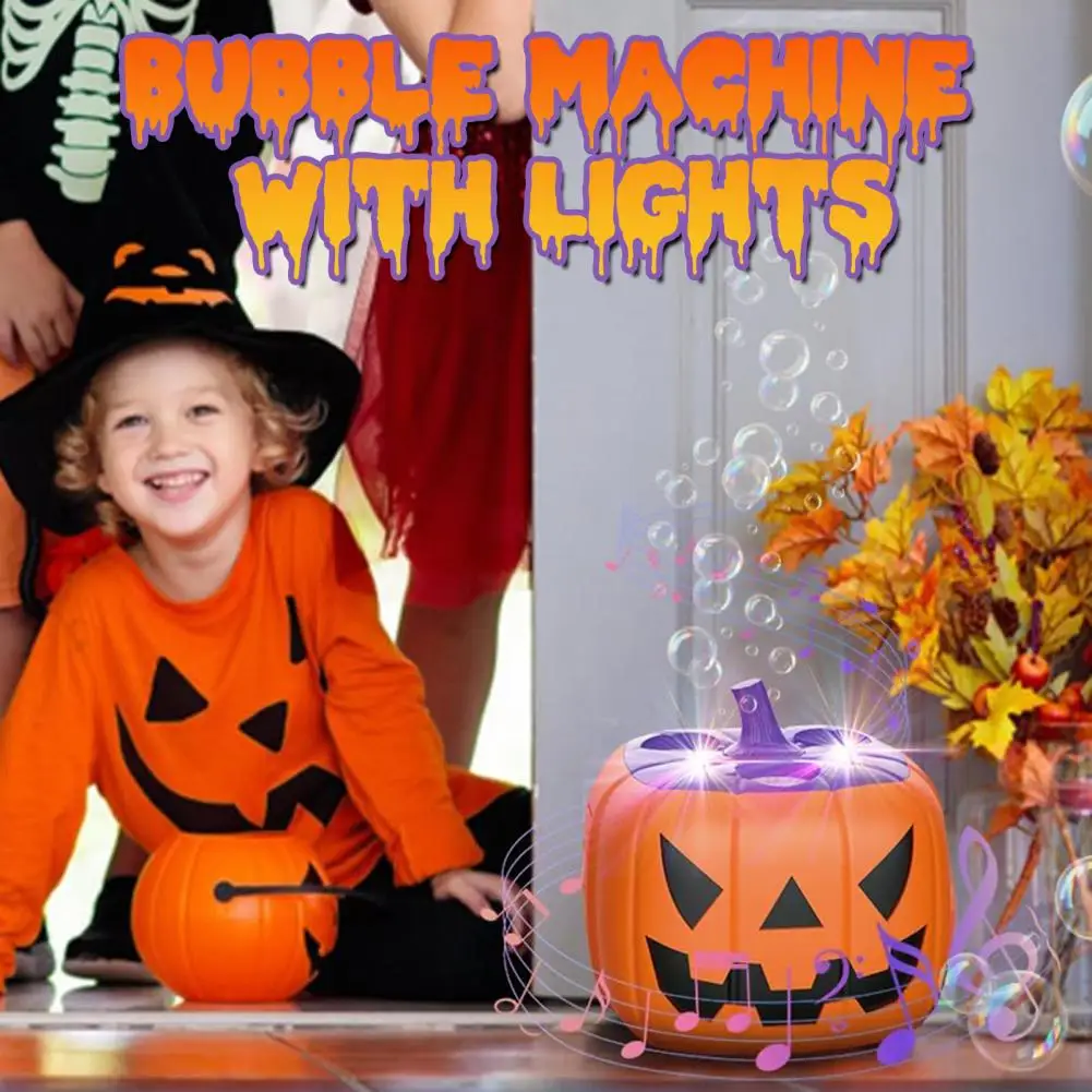 آلة فقاعة اليقطين للهالوين منفاخ تلقائي مع موسيقى وأضواء LED لعبة أطفال قابلة لإعادة الشحن للحفلات والمتعة في الهواء الطلق