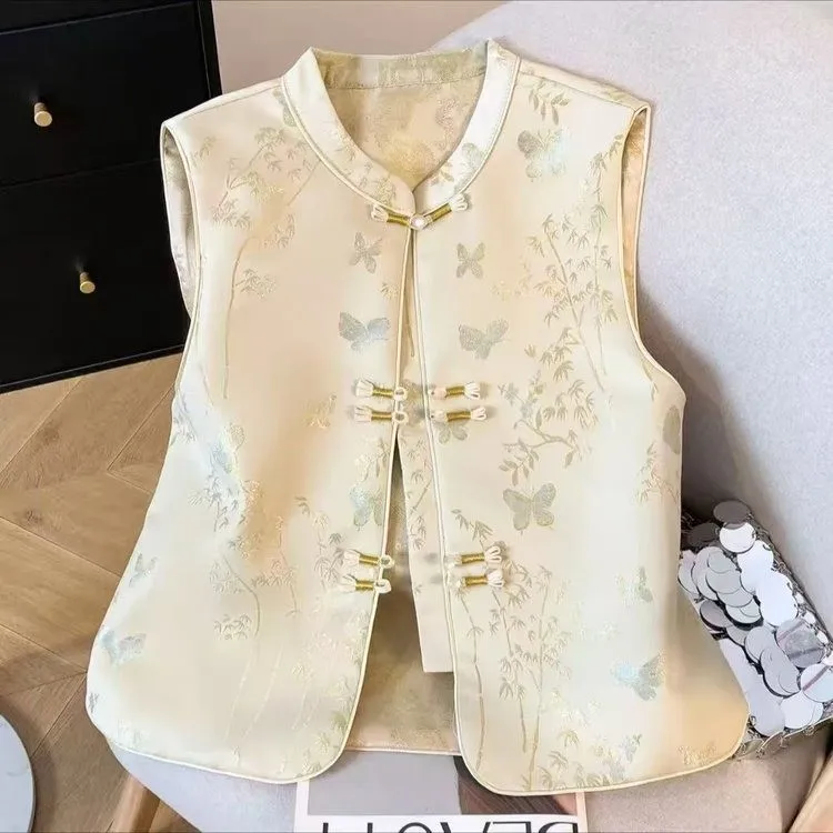 New Chinese Style Buckle Jacquard Butterfly Vest Women's Spring Autumn Sleeveless Top Retro Female Jacket Chaquetas Mujer