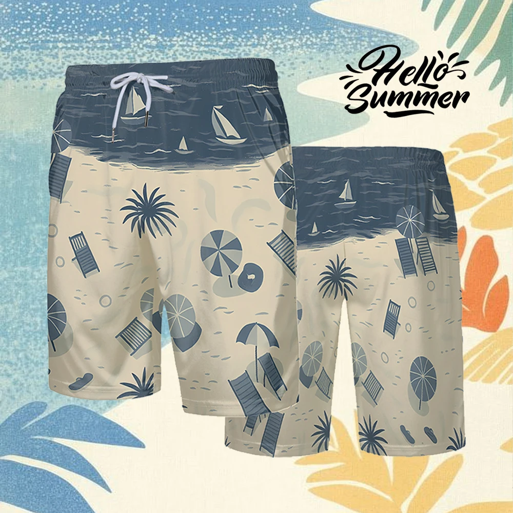 

Hawaiian Style Men's Beach Shorts Fashion Vacation Leisure Quick-drying Swimming Shorts Sea Wave Sailboat 3D Printing Pants