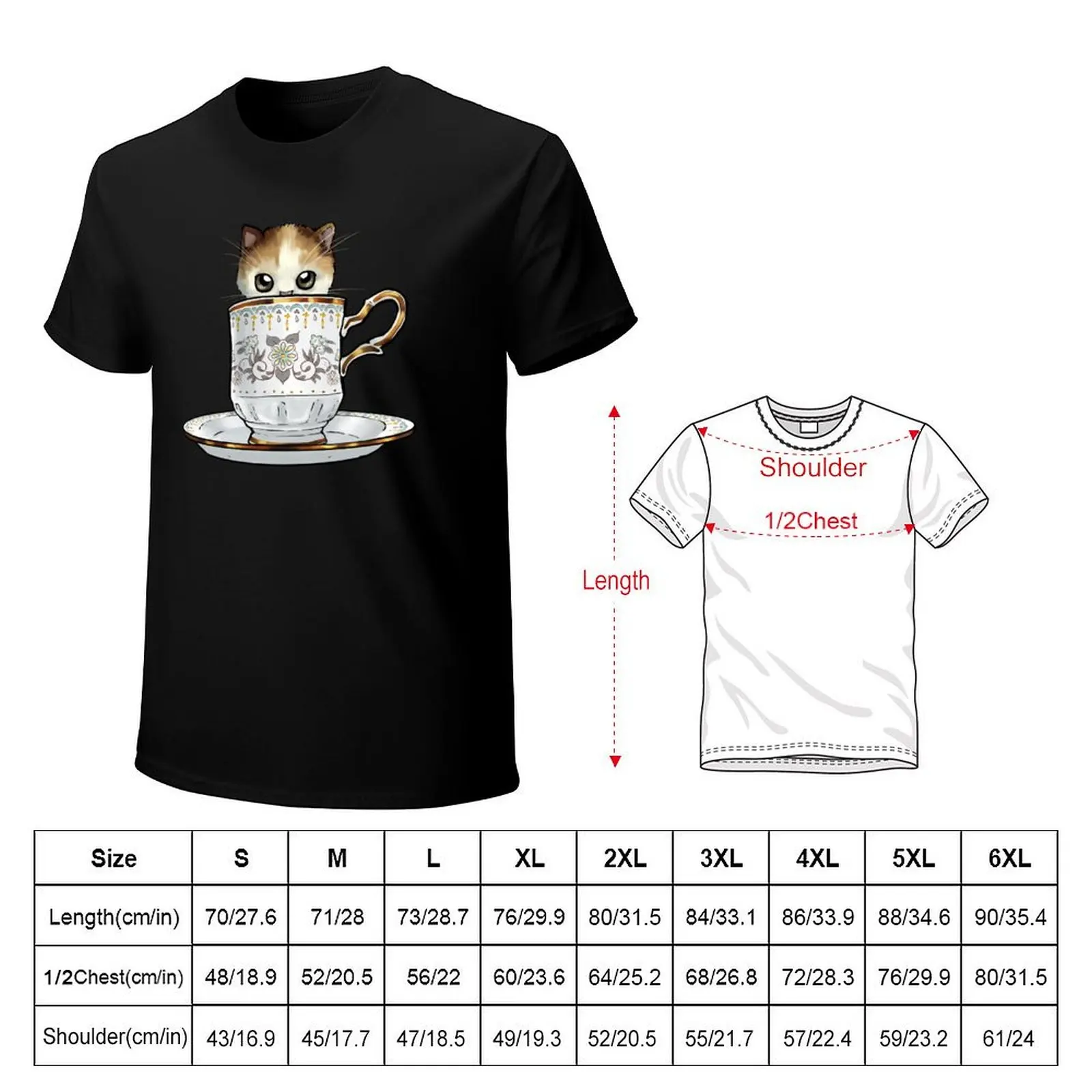 Kitten in a Tea Cup, original colors Calico Kitten floral vines T-Shirt man t shirt cotton high quality T-Shirt