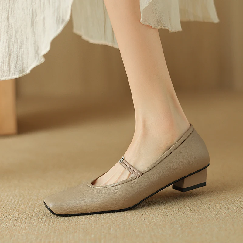 

Genuine Leather Women Pumps Retro Slip-on Shallow Square Toe Women's Commuting Work Shoes 2024 Spring Summer New Ladies Shoes